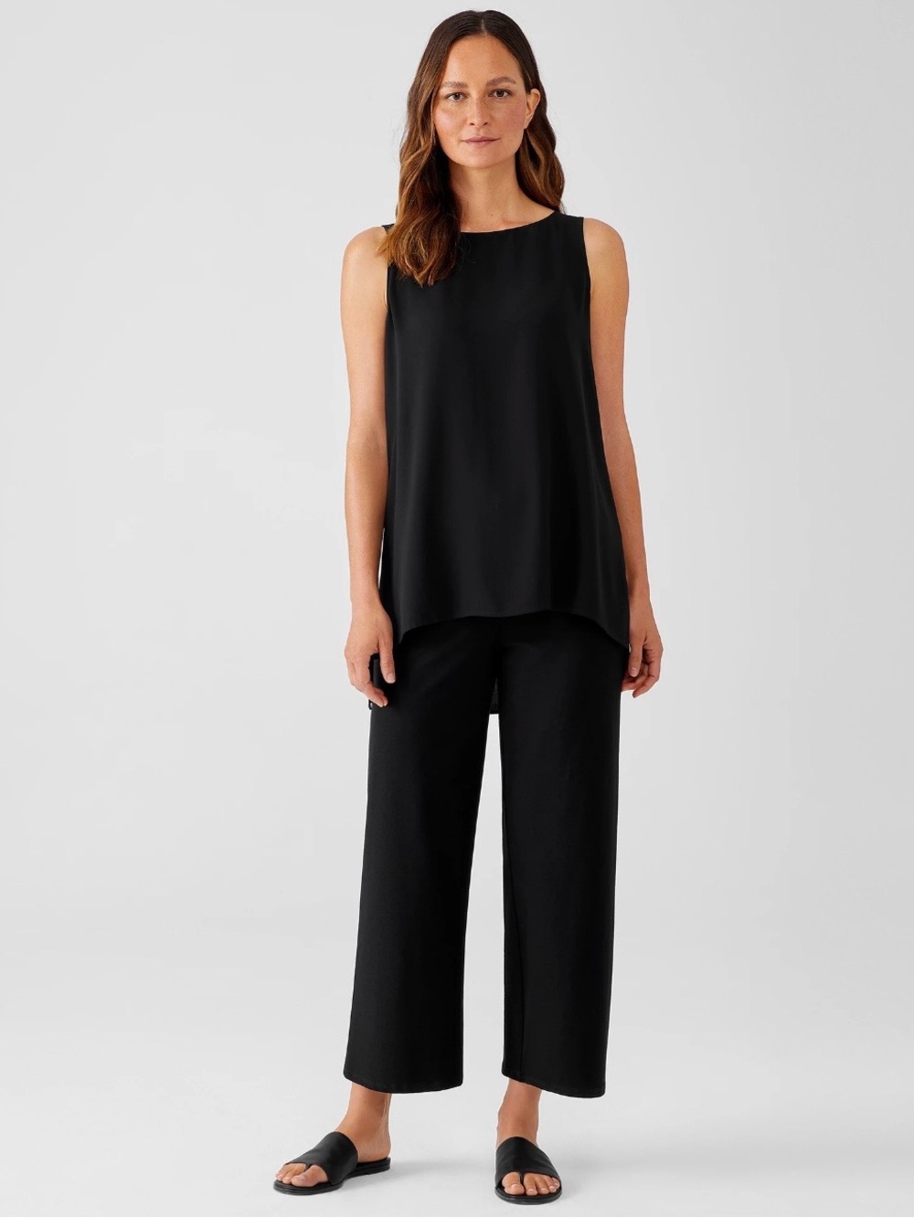 Eileen Fisher Washable Stretch Crepe Pants M Black Slim Ankle Pull- On
